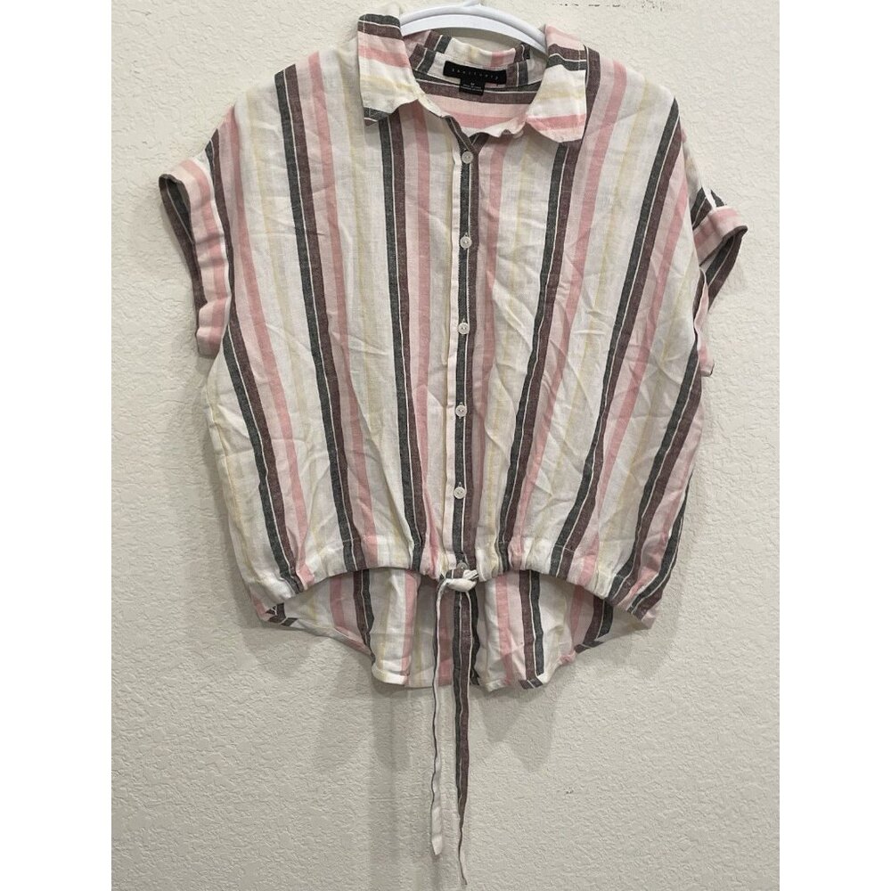 Womens Sanctuary Top Medium Linen Blend Stripes Tie Front Coastal Beachy Boho